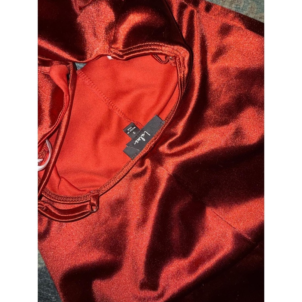 Lulus Red Satin Cutout Cocktail Dress Wrap Hem Spaghetti Strap Small - Picture 3 of 3